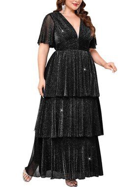 Elegant Plus Size Formal Evening Gown | Glitter V Neck Ruffle Sleeve Maxi Dress